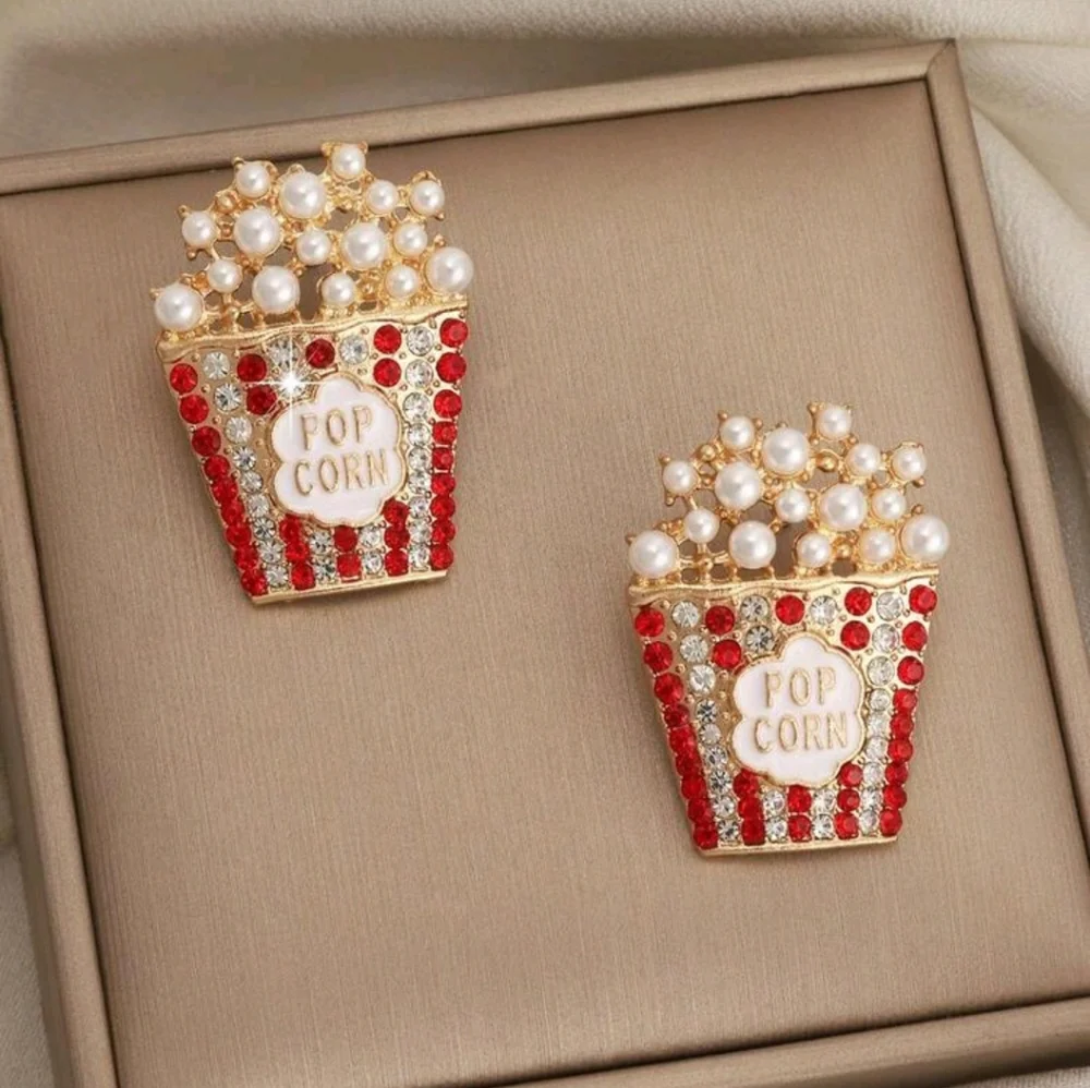 "Movie Night" Popcorn Red & Gold Stud Statement Earrings - Picture 1 of 2